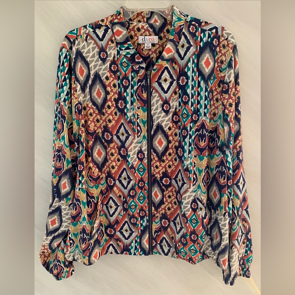 Denim & Co. Vtg L Colorful Southwestern Print Long Sleeve Bomber Jacket